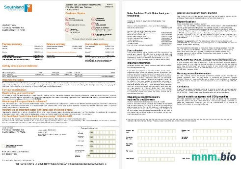 USA California Southland Credit Union wyciąg z kredytu hipotecznego w formatach Word i PDF, 2 strony